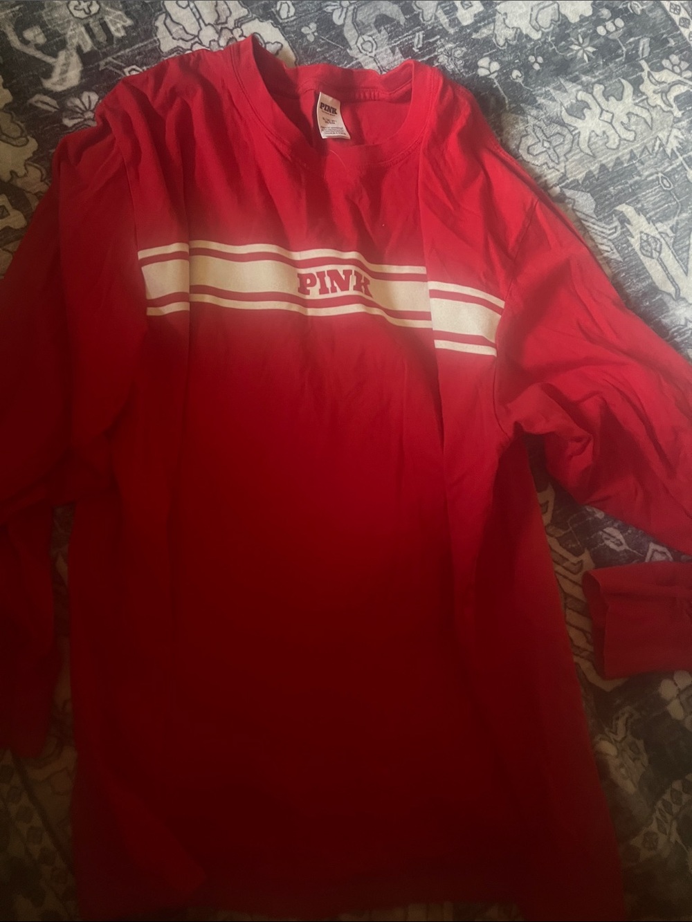 PINK Victoria's Secret Red Long Sleeve Tee with White Stripe and Logo